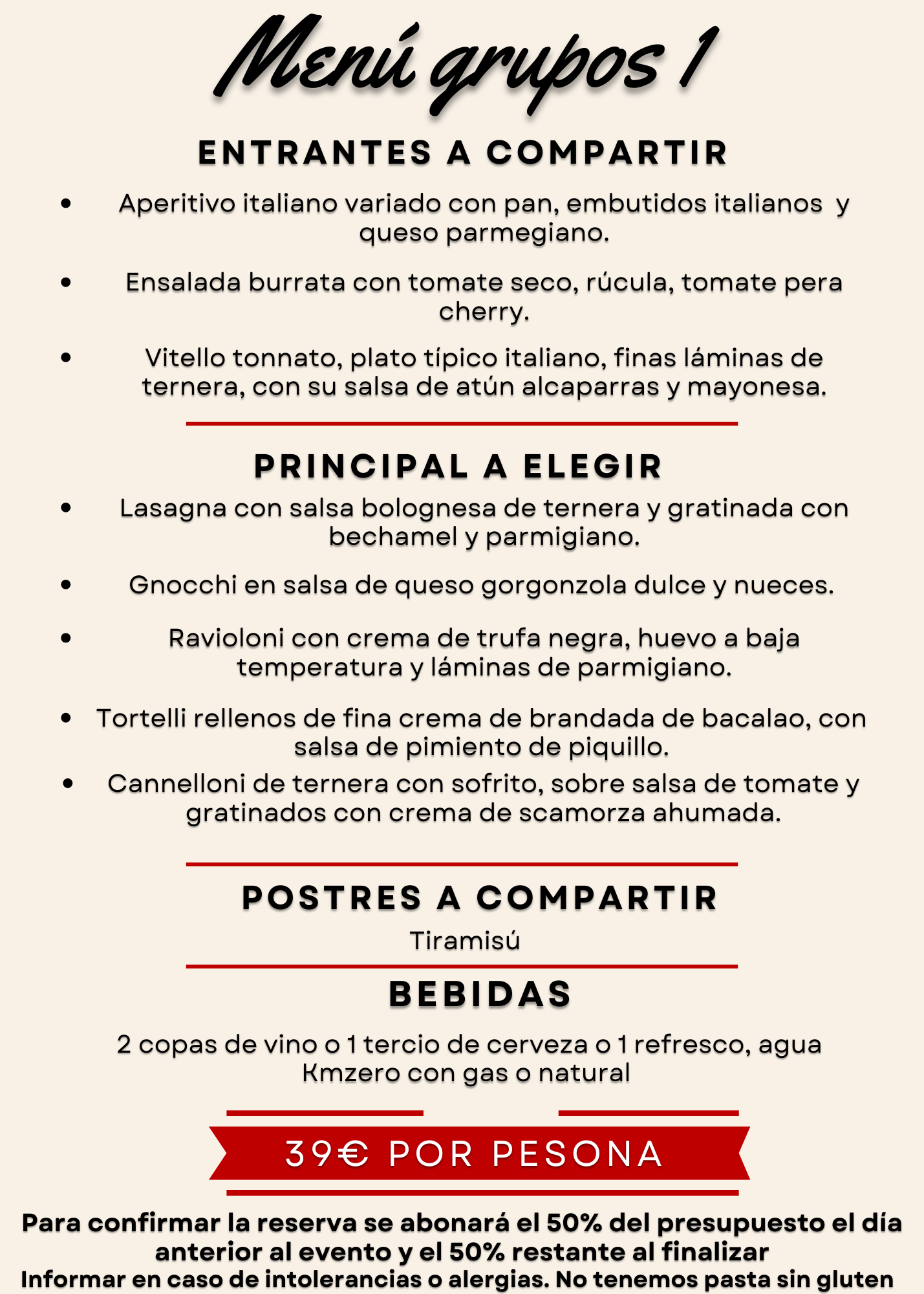 Restaurante Mozzafiato - Menu grupos 1